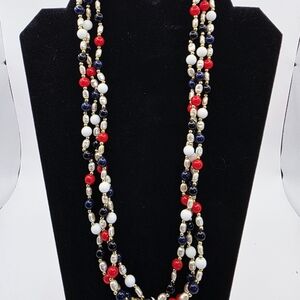 Stylish Triple-Strand Red, Navy, White And Black Beaded Necklace